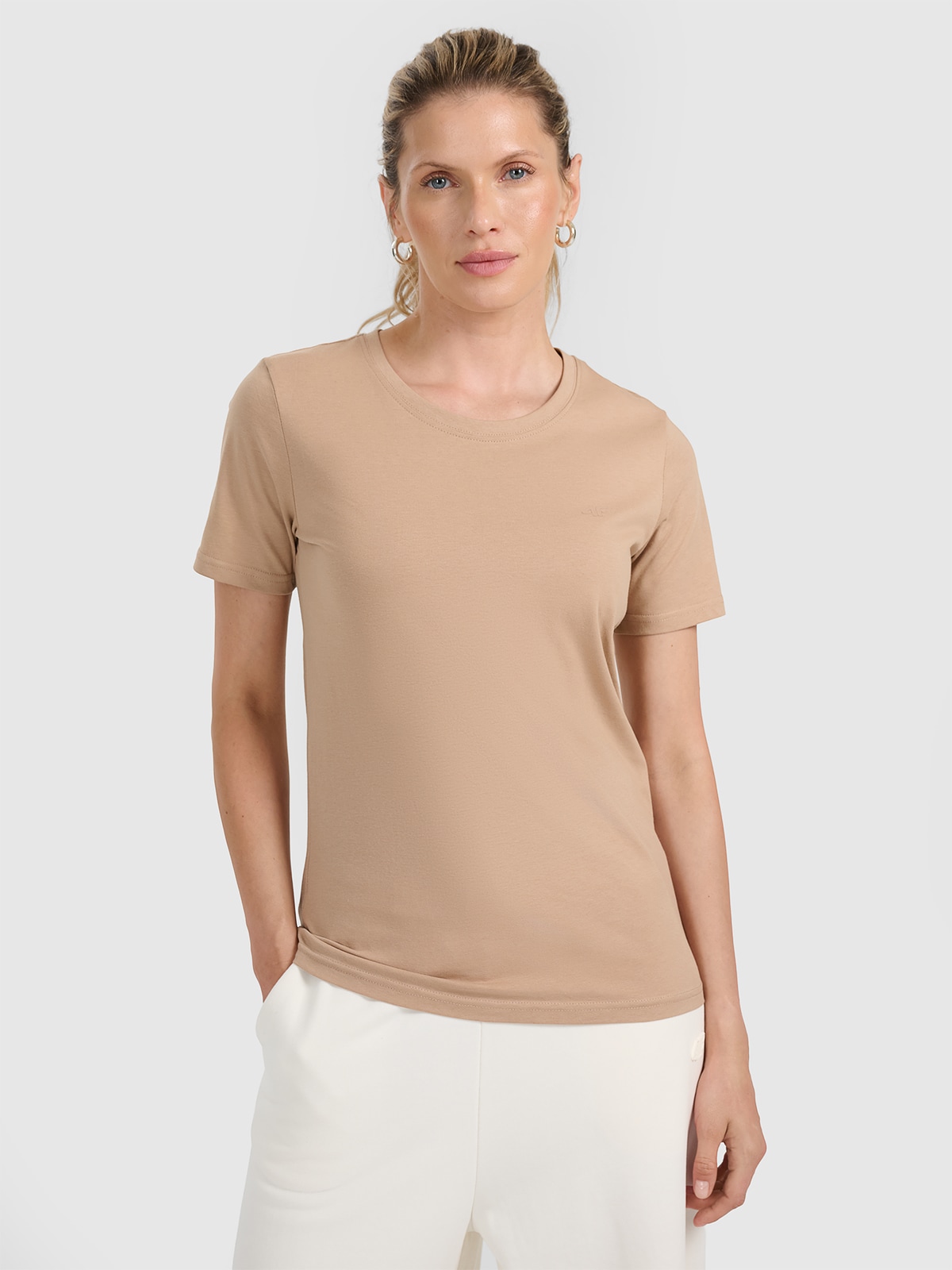 4F T-shirt regular gładki damski - beżowy L