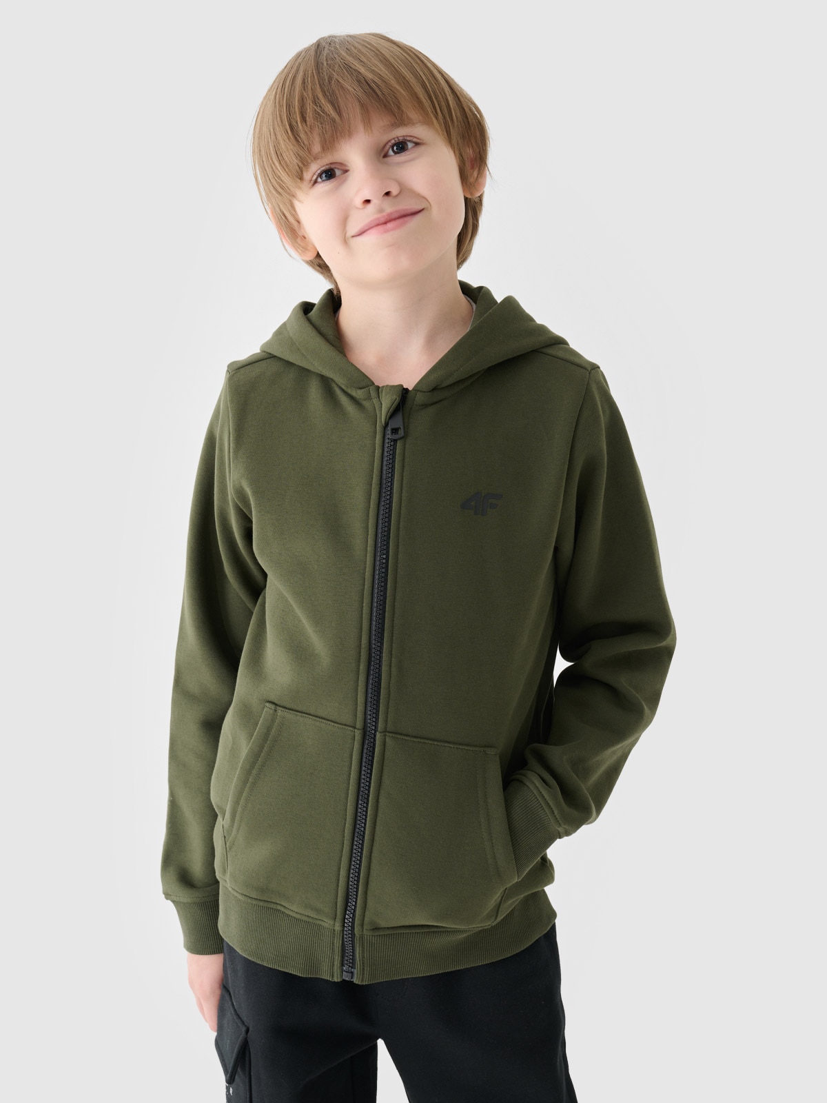4F Bluza dresowa rozpinana z kapturem chłopięca - khaki 122 (6-7 lat)