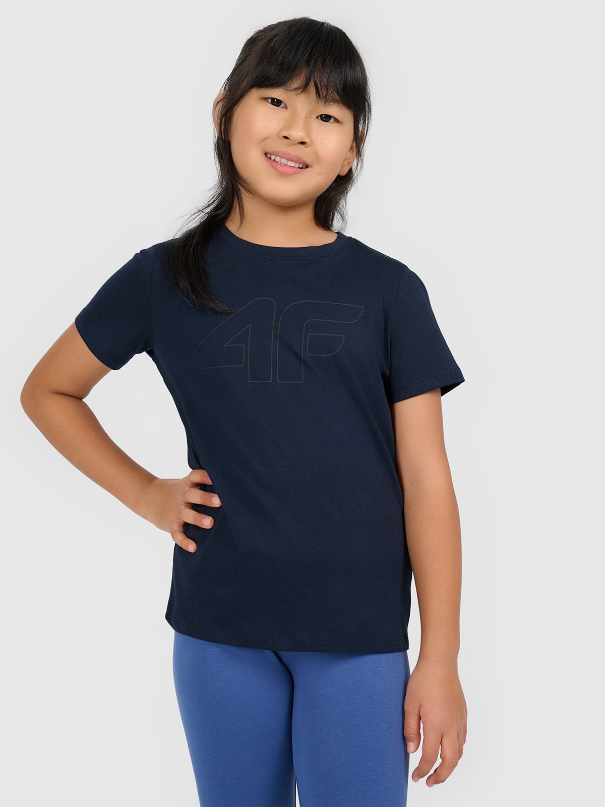 4F T-shirt oversize z nadrukiem dziewczęcy - granatowy 164 (13-14 lat)