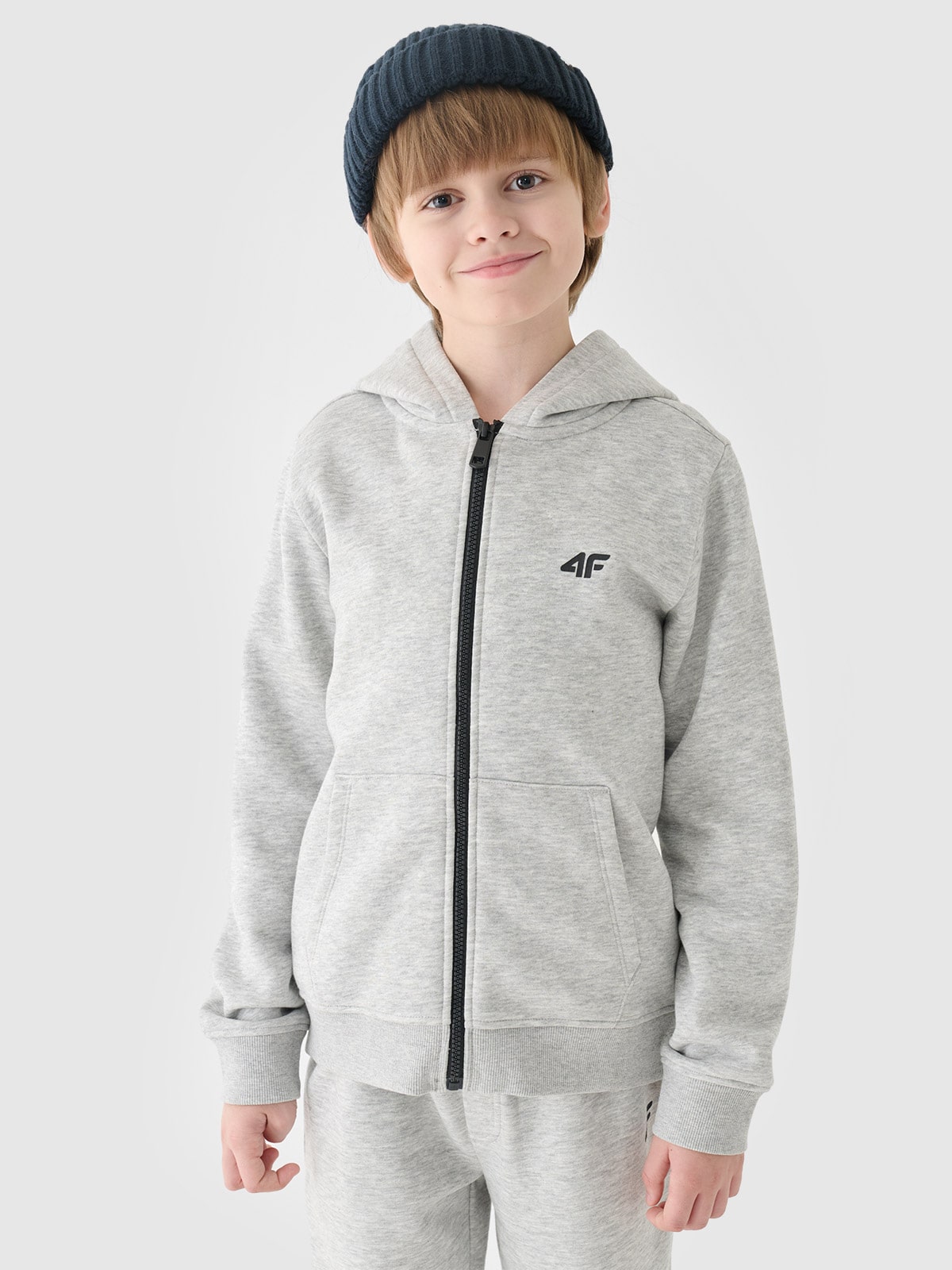 4F Bluza dresowa rozpinana z kapturem chłopięca - chłodny jasny szary 152 (11-12 lat)