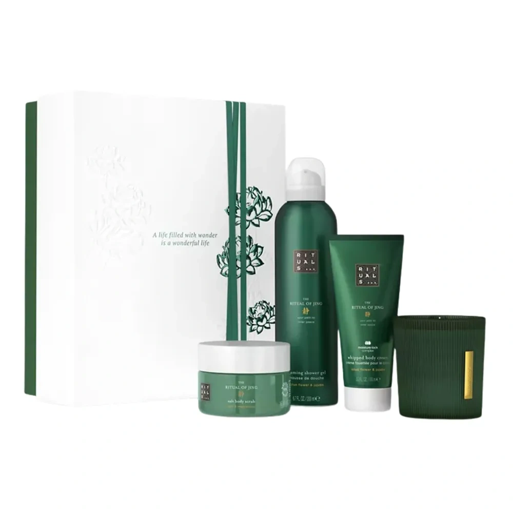 Rituals The Ritual Of Jing zestaw prezentowy pianka do mycia ciała 200 ml + krem 100 ml + peeling 125 g + świeca 140 g