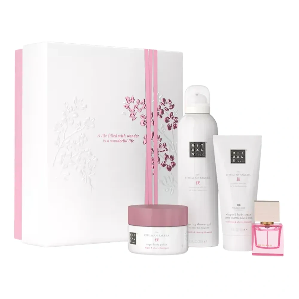 Rituals The Ritual Of Sakura zestaw prezentowy pianka do mycia ciała 200 ml + krem 100 ml + peeling 125 g + woda perfumowana 15 ml