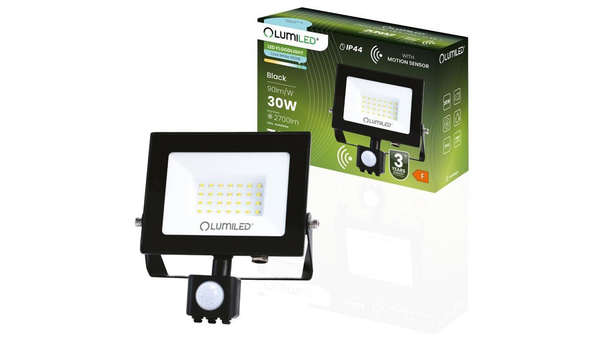 LUMILED Naświetlacz LED ZUNA2 30W 6500lm 6500K IP44 Czarny Czujnik Ruchu 
