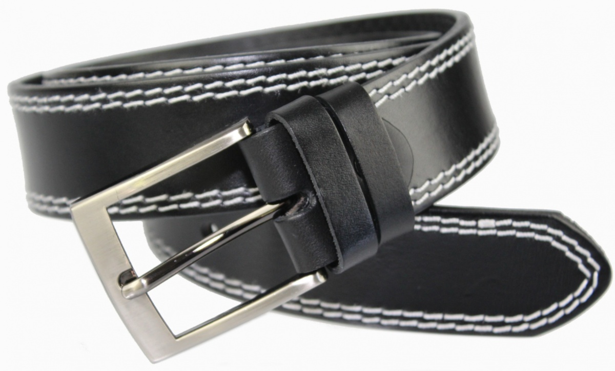 Pasek Męski Skórzany PAS-MAX (PL) Skóra Licowa EXTRA 40 mm Czarny Z Podwójną Białą Nitką XXL Nadwymiar