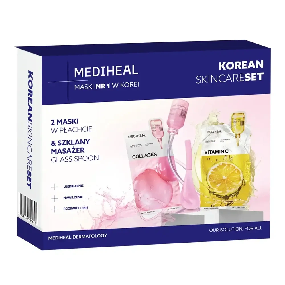 Mediheal Korean Skincare Set zestaw masek w płachcie Mediheal Vitamin C 24 ml + Mediheal Collagen 24 ml + szklany masażer Glass Spoon