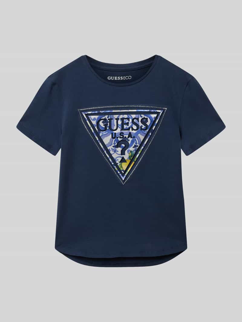 t-shirt z obszyciem z kamieni stras i nadrukiem z logo