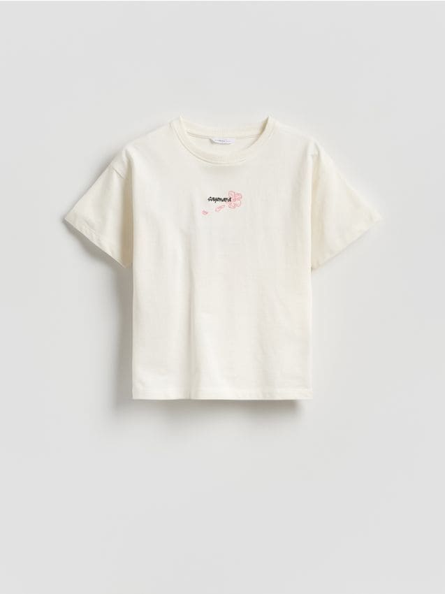 Reserved - T-shirt z nadrukiem na plecach - złamana biel