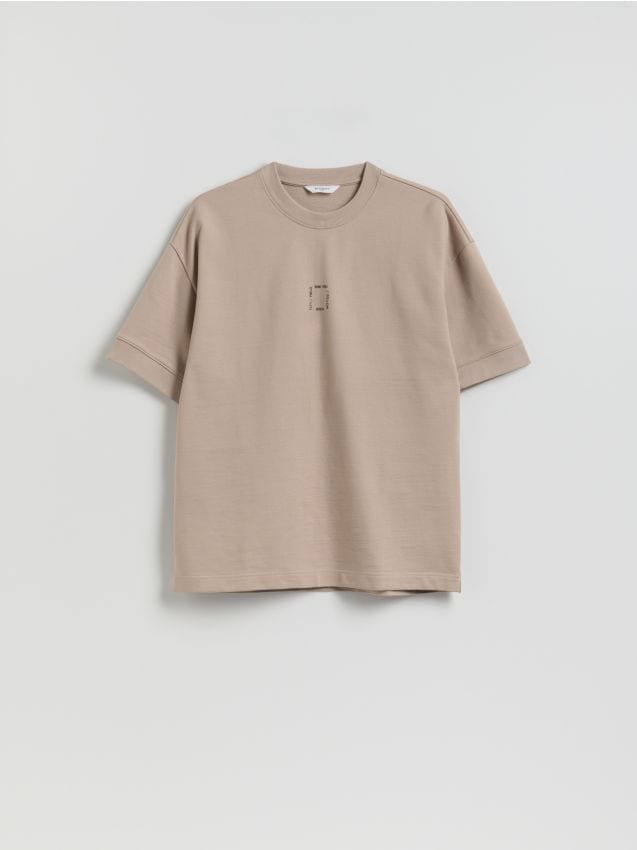 Reserved - T-shirt boxy z nadrukiem - beżowy