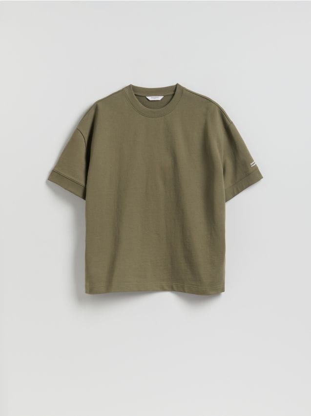 Reserved - T-shirt boxy z nadrukiem - oliwkowy