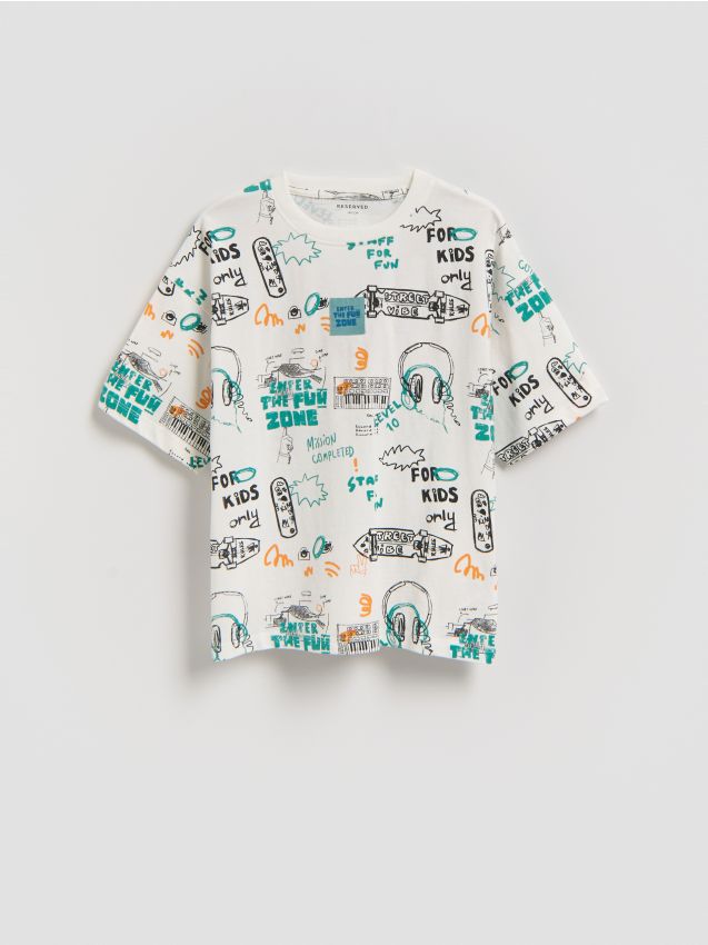 Reserved - Bawełniany t-shirt z nadrukiem - złamana biel