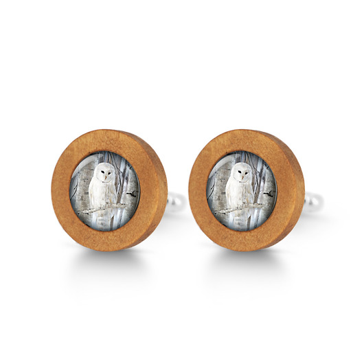 Biała sowa - drewniane spinki do mankietów