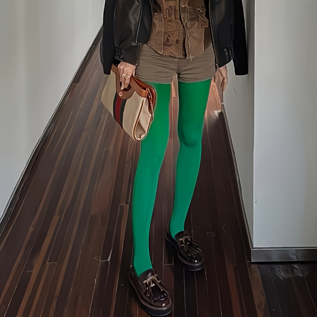 TEMU 1 Para Damskie Rajstopy w Stylu Retro w Kolorze Dżunglowym Zielonym, , Matowe, Idealne na Każdy Sezon, Eleganckie Skarpetki Vintage, Gładkie i