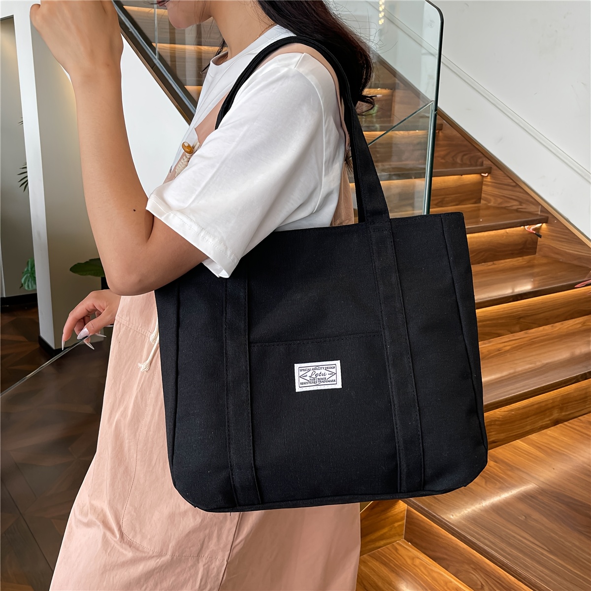 TEMU Elegancka Różowa Torba Tote z Wzorem Truskawek dla Kobiet – Casual Styl, Stały Pasek na Ramię, Zamek Błyskawiczny, Idealna do Pracy, Zakupów i