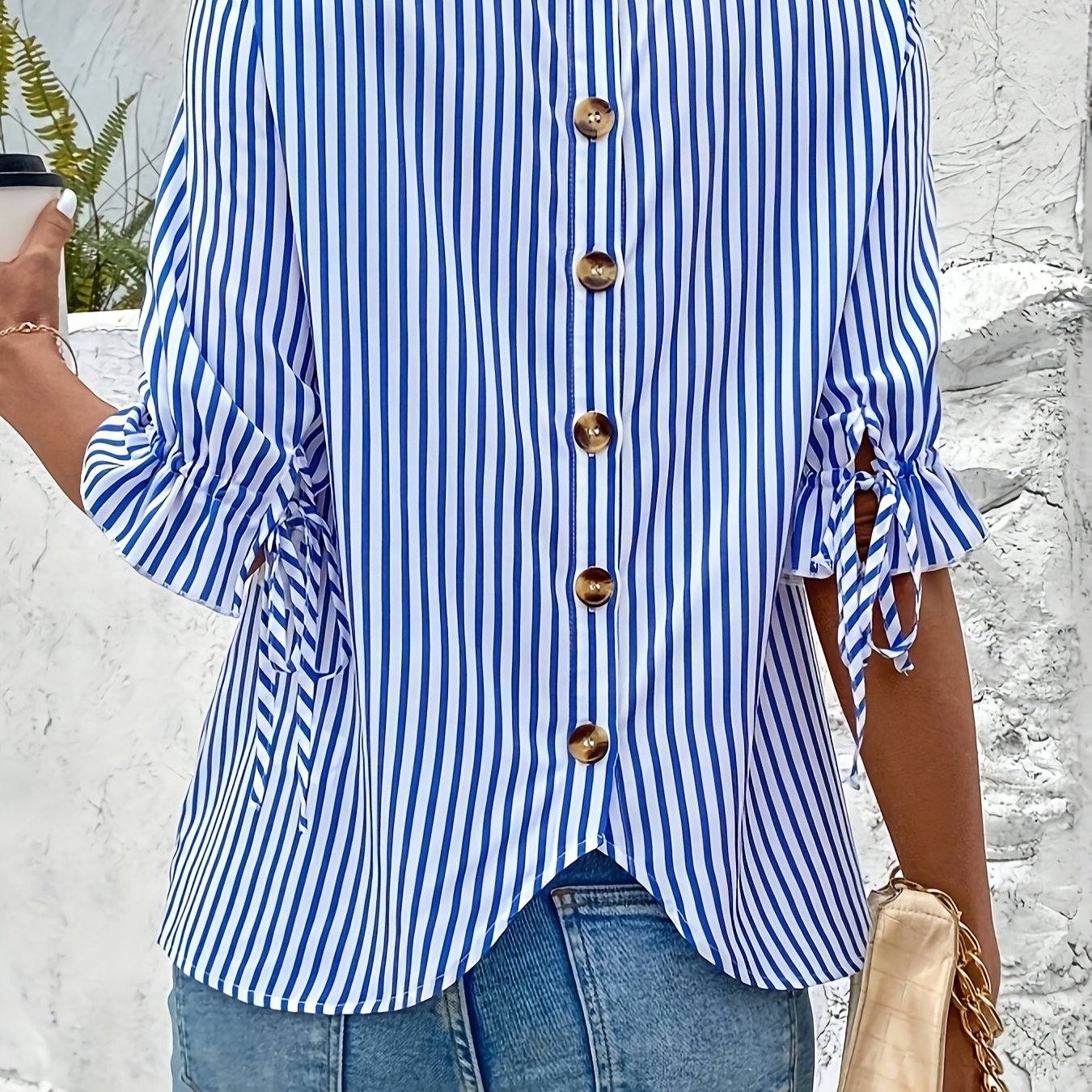 TEMU YY0425977 Modna Koszulka z Paskami w Okrągłym Dekolcie, Elegancka Bluzka na Guzikach z Krótkim Rękawem dla Kobiet