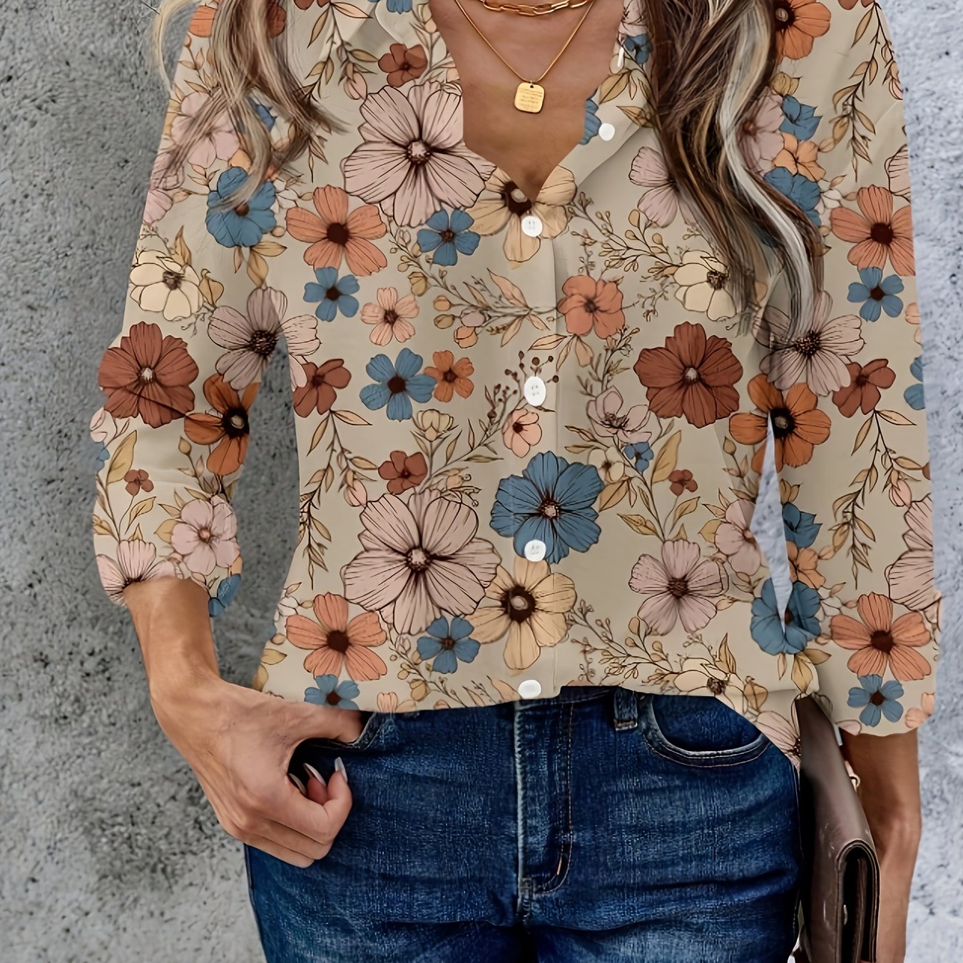 TEMU Damska koszula w stylu vintage z kwiatowym wzorem, zapinana na guziki, z długim rękawem, idealna na co dzień