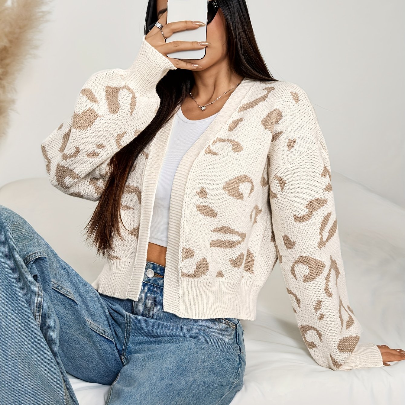 TEMU Wzorzysty krótki kardigan z przodu otwarty, w kolorowe bloki z nadrukiem w panterkę, żakardowy, casualowy i uniwersalny