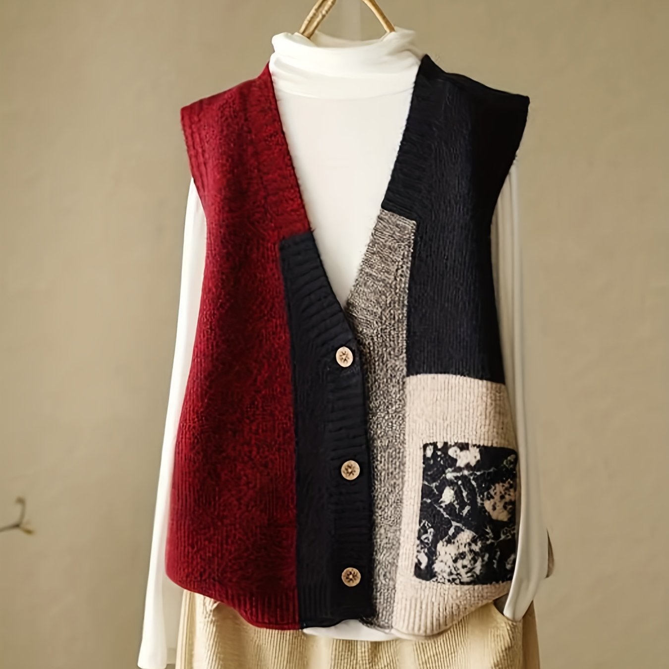 TEMU DP051961 Damska kardiganowa kamizelka w stylu vintage - Charakteryzuje się kolorowym bem z kwiatowymi naszywkami, dekoltem w serek zapinany na