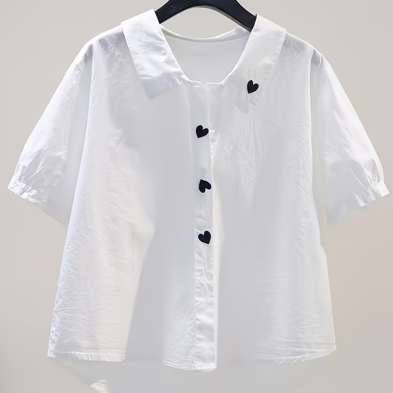 TEMU Letnia Bluzka z Krótkim Rękawem i Kołnierzykiem - Półprzezroczysta Koszula z Haftem Serduszka, Pranie w Praniu Maszynowym, Casual i Biurowa,