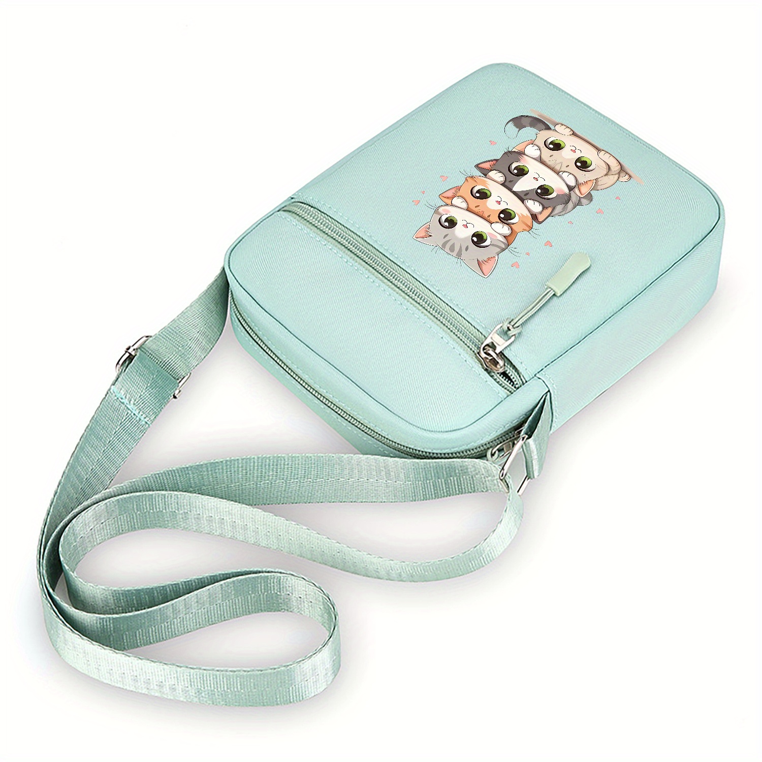 TEMU Urocza Mini Torebka Crossbody z Motywem Kota - Kompaktowy Uchwyt na Telefon z Przegródkami na Karty, Regulowany Pasek (Dostępna w Kolorze Khaki,