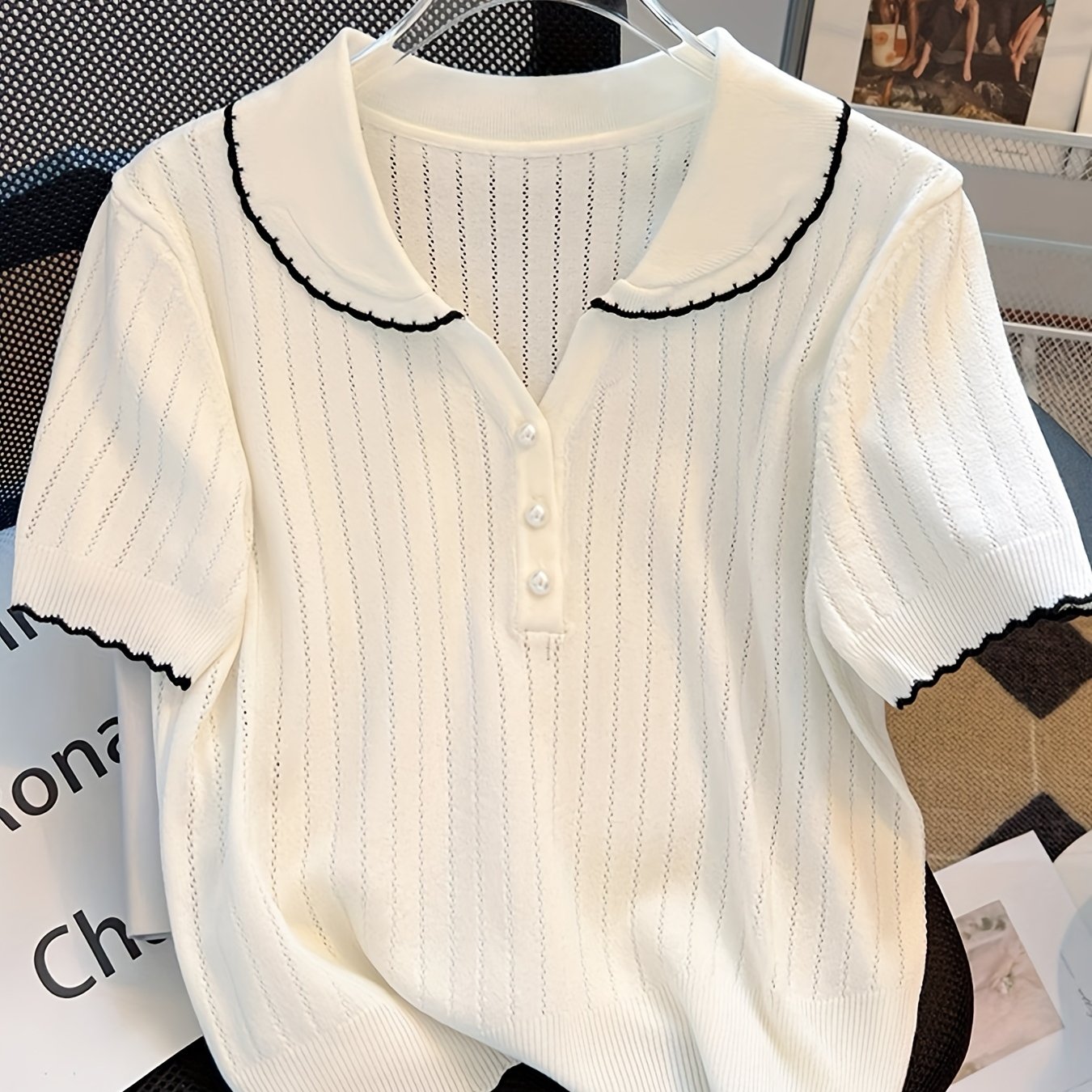 TEMU Bluzka Damska Elegancka - Półprzezroczysta Koszula z Czarno-Białym Kołnierzykiem, Lekki Top na Wiosnę/Jesień/, Biuro, Impreza, Codzienna