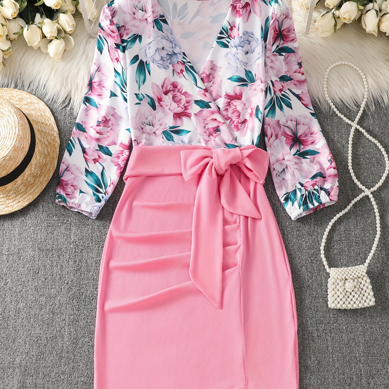 TEMU Elegancka Sukienka z Trzyczwartowym Rękawem, Dekoltem w Serek, Kwiatowym Patchworkiem i Wysokim Pasem z Wiązaniem dla Podkreślenia Sylwetki