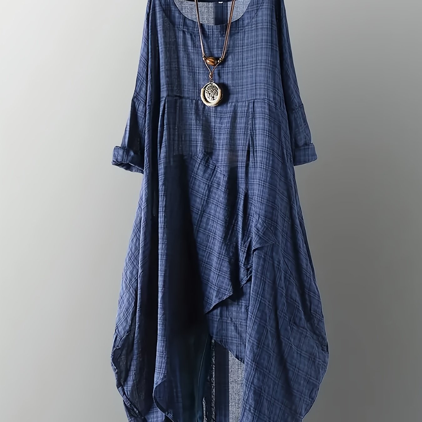 TEMU Wiosenno-Jesienna Casualowa Granatowa Sukienka Midi w Kratę z Asymetrycznym Dołem i Okrągłym Dekoltem, Oddychająca