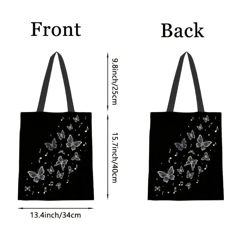 TEMU 1 szt. Elegancka Damska Torba Tote z Nadrukiem Motyla i Nut Muzycznych w Kolorach Czarno-Białych - Trwała, Lekka Poliestrowa, Z Stałymi Paskami