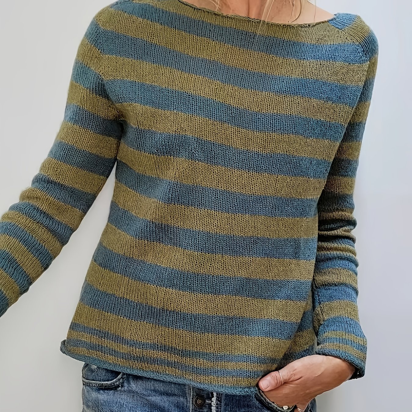 TEMU Damska Modna Codzienna Bluzka w Paski z Okrągłym Dekoltem i Długim Rękawem Wysokiej Jakości Damska Odzież Codzienna, Blok Kolorów, Idealna na