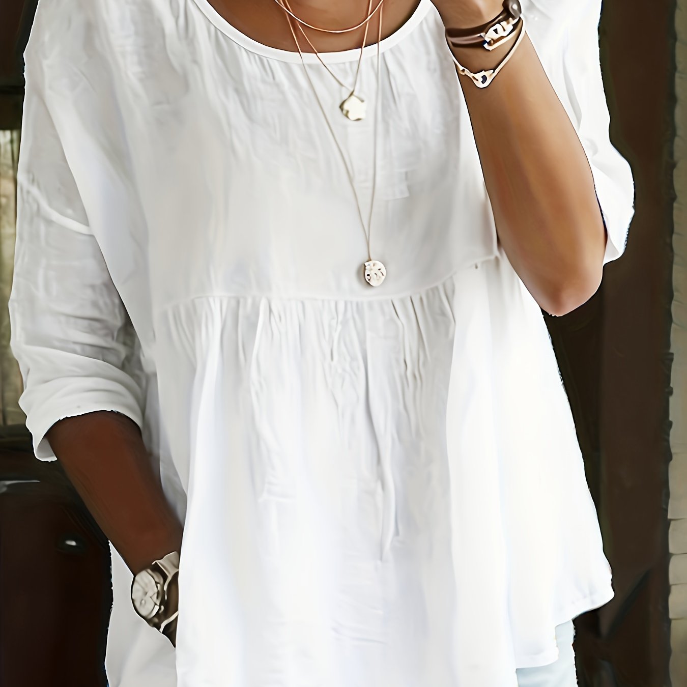 TEMU Damska Lekka Letnia Lniana Koszula Casual - Biała Koszulka z Trzema Czwartymi Rękawami, Okrągły Dekolt, Luźny Fason, Jednokolorowa Bluzka,
