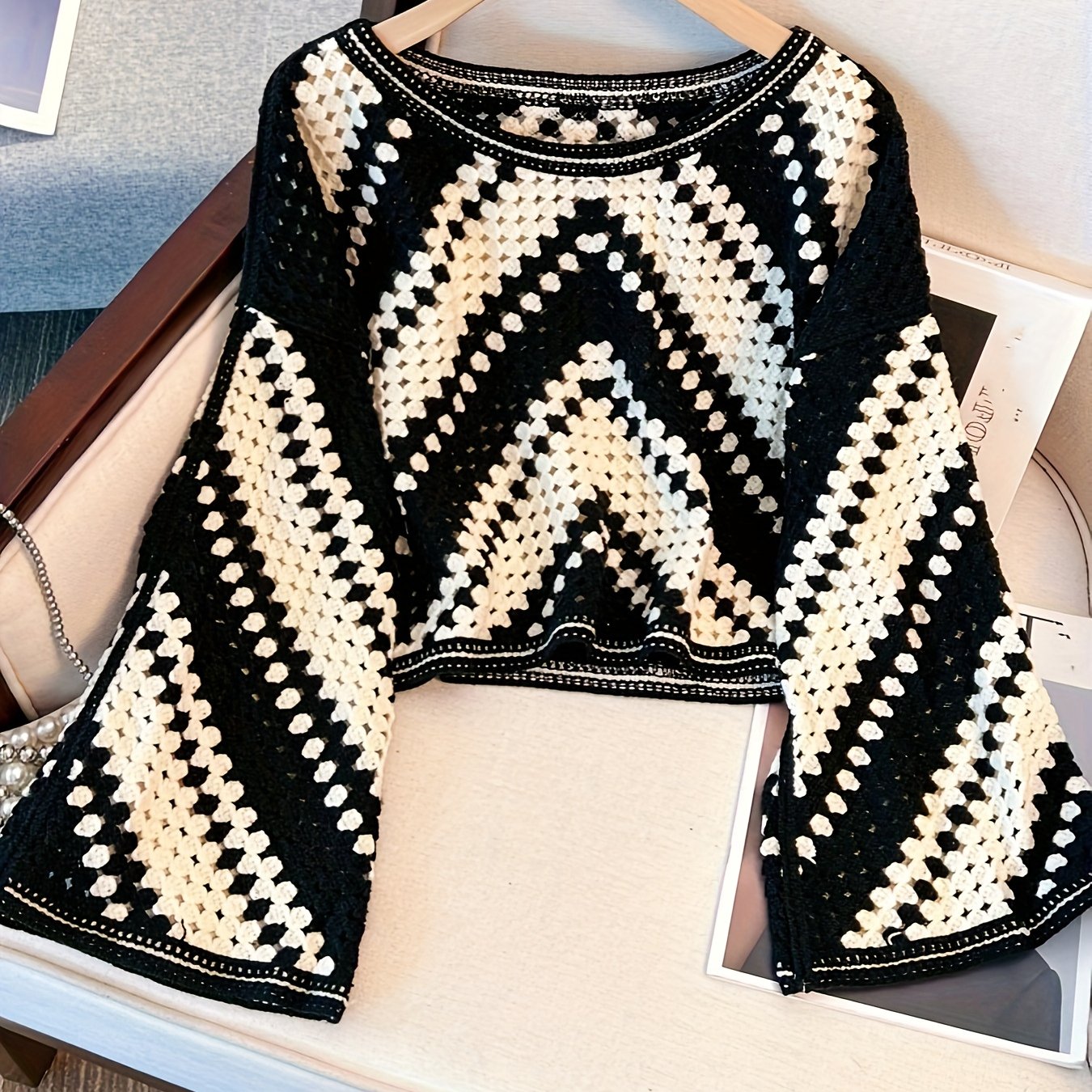 TEMU Bohemian Styl Szydełkowy Sweter z Okrągłym Dekoltem w Paski Czarno-Białe Damski Top na Wiosnę i Jesień z Długim Rękawem