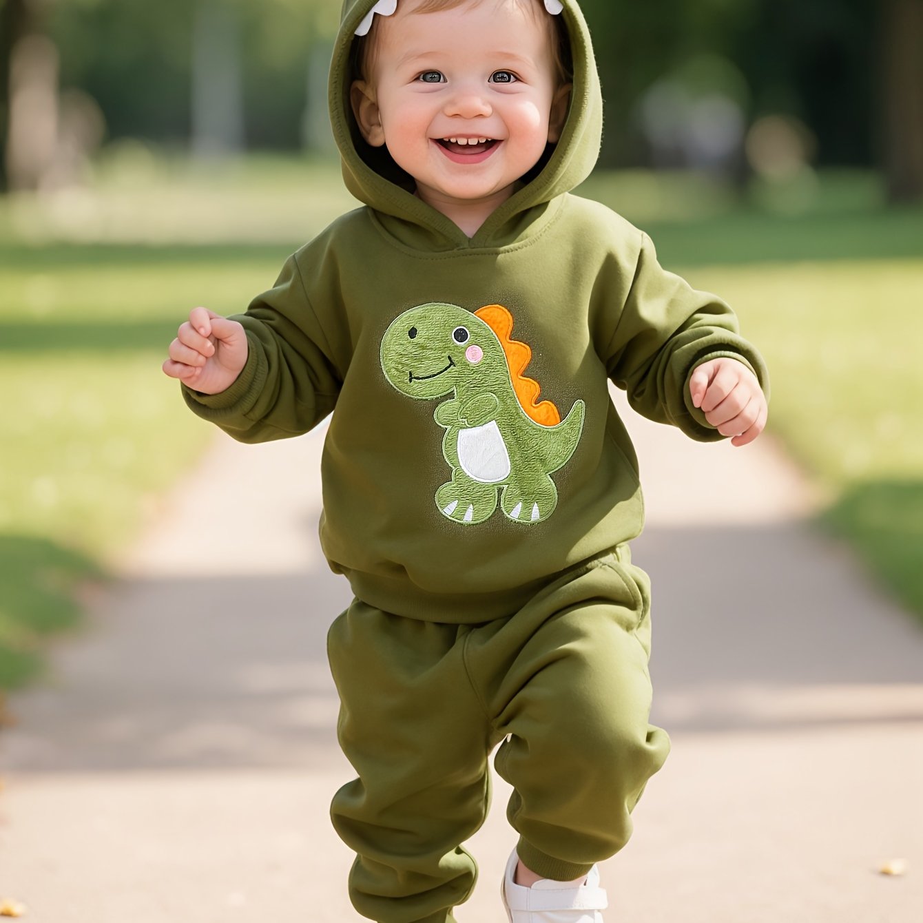 TEMU Bluza z kapturem z dinozaurem dla chłopca na jesień i zimę z pluszową bluzą i spodniami, z zębami i rogami dinozaura, odpowiednia do noszenia na