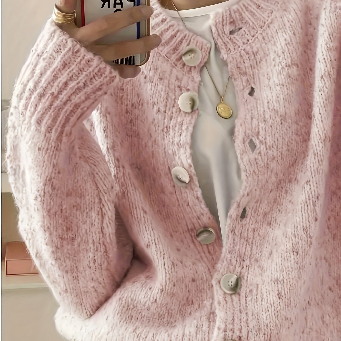 TEMU Elegancki Damski Kardigan z Długim Rękawem i Okrągłym Dekoltem, Jednokolorowy Poliestrowy Kardigan na Guziki do Codziennego Noszenia, Miękki i