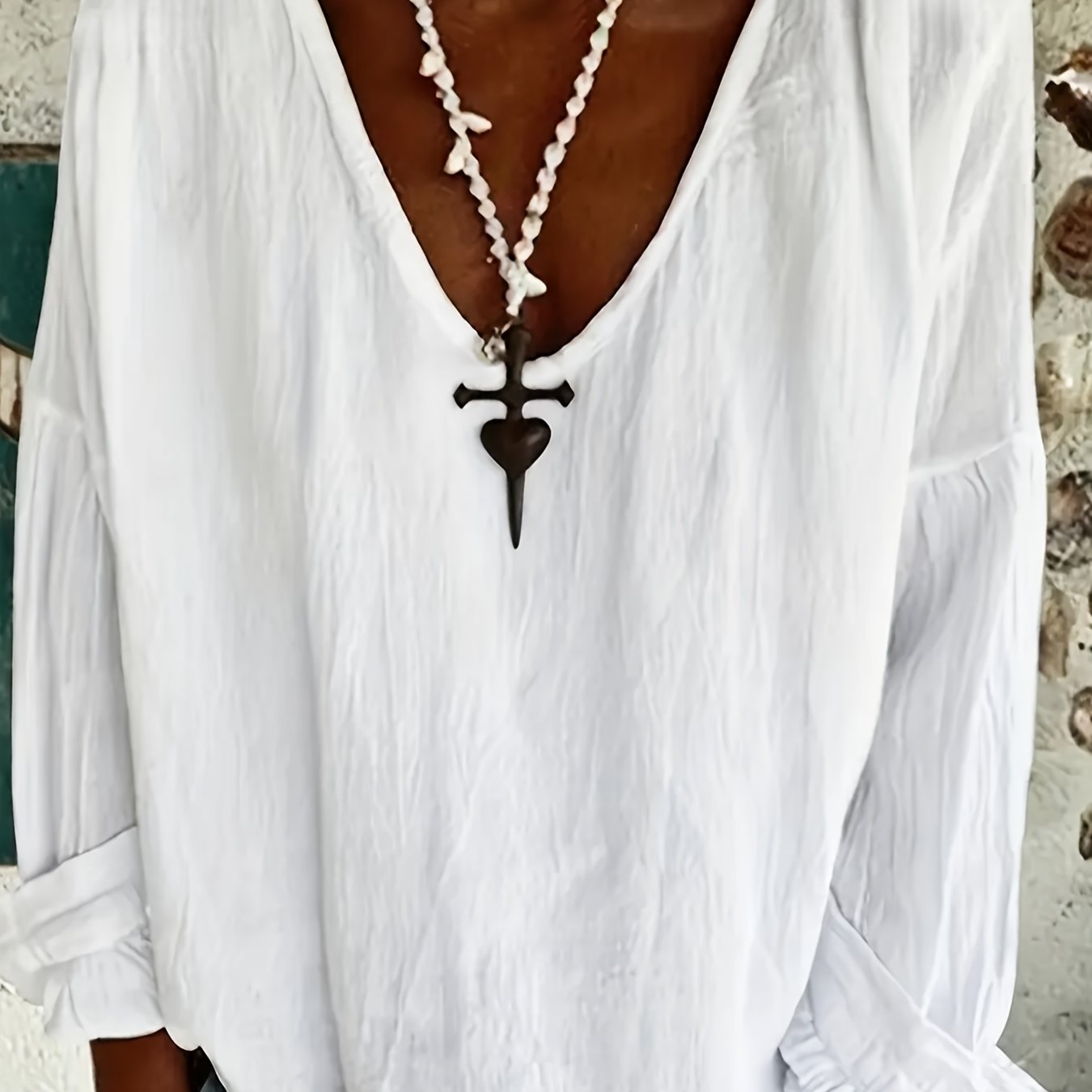 TEMU Damski jednokolorowy wygodny bluz z długim rękawem i dekoltem w serek