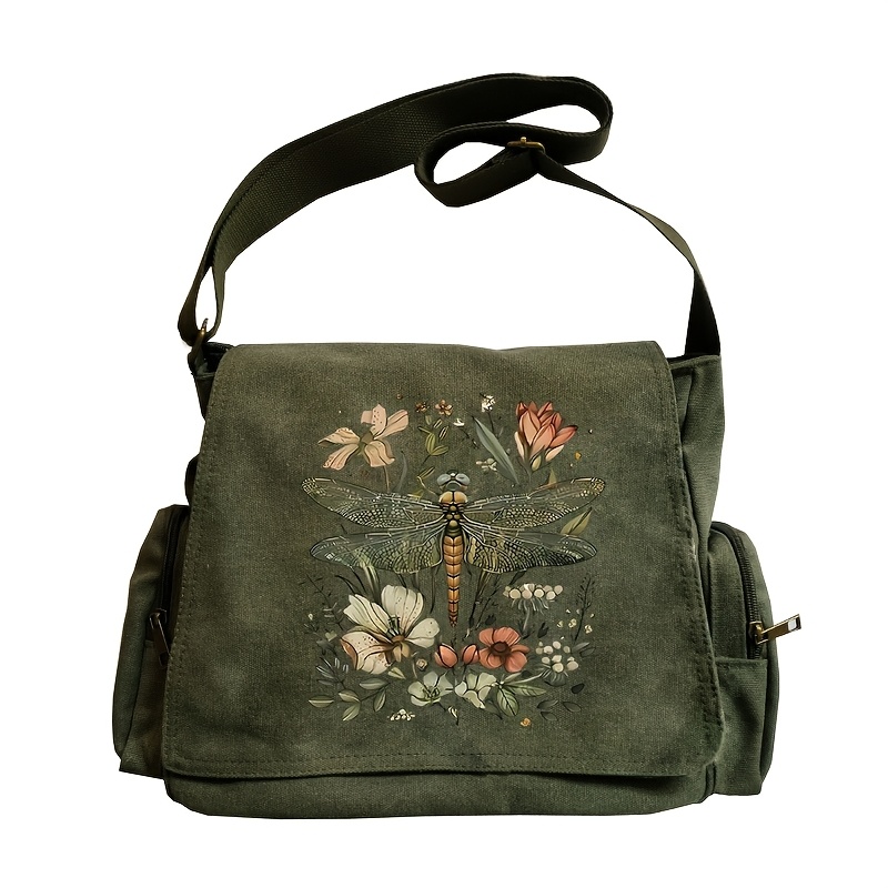 TEMU Duża Torba na Ramię z Klapką, Vintage Tote Crossbody Messenger z Wzorem Kwiatów i Ważki, Idealna na Codzienne Wyjścia i Podróże, Doskonały Wybór