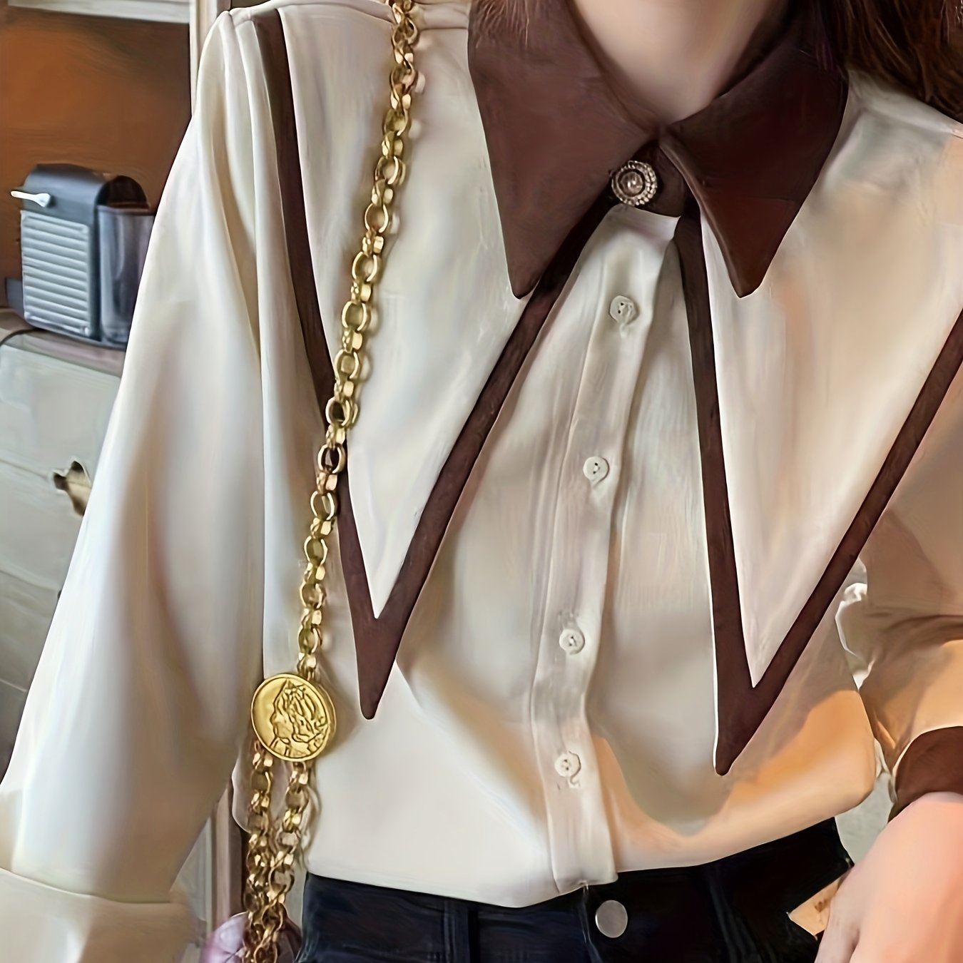 TEMU Karmelowo-Brązowa 'owa Koszula z Patchworkowym Kołnierzem i Guzikami – Modna Bluzka z Długim Rękawem w Stylu Retro, Wielofunkcyjna