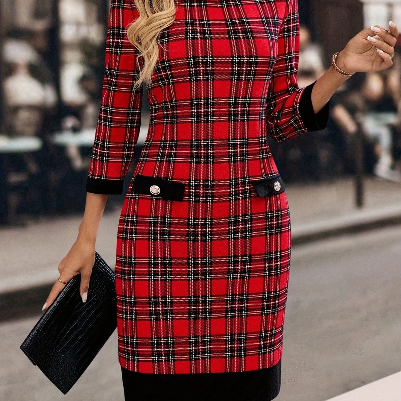 TEMU Elegancka sukienka damska w kratę 2026, idealna do pracy; Damska sukienka w kratę z okrągłym dekoltem i długim rękawem, do noszenia na co dzień;