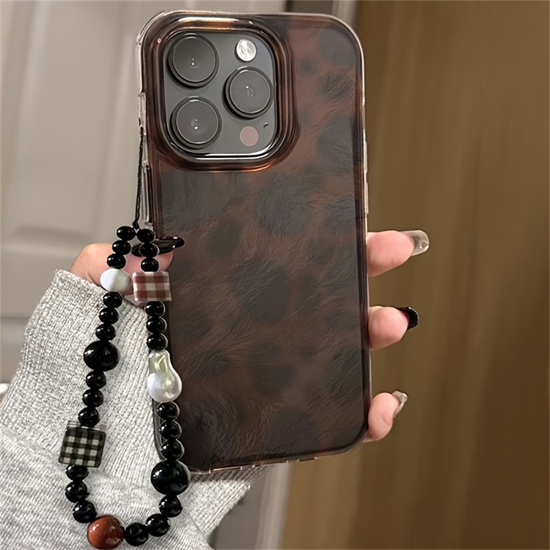 TEMU Etui na telefon: 1 szt. Wysokiej jakości vintage perforowane etui z wzorem spiralnym IND brązowy gradientowy leopard z łańcuszkiem, kompatybilne