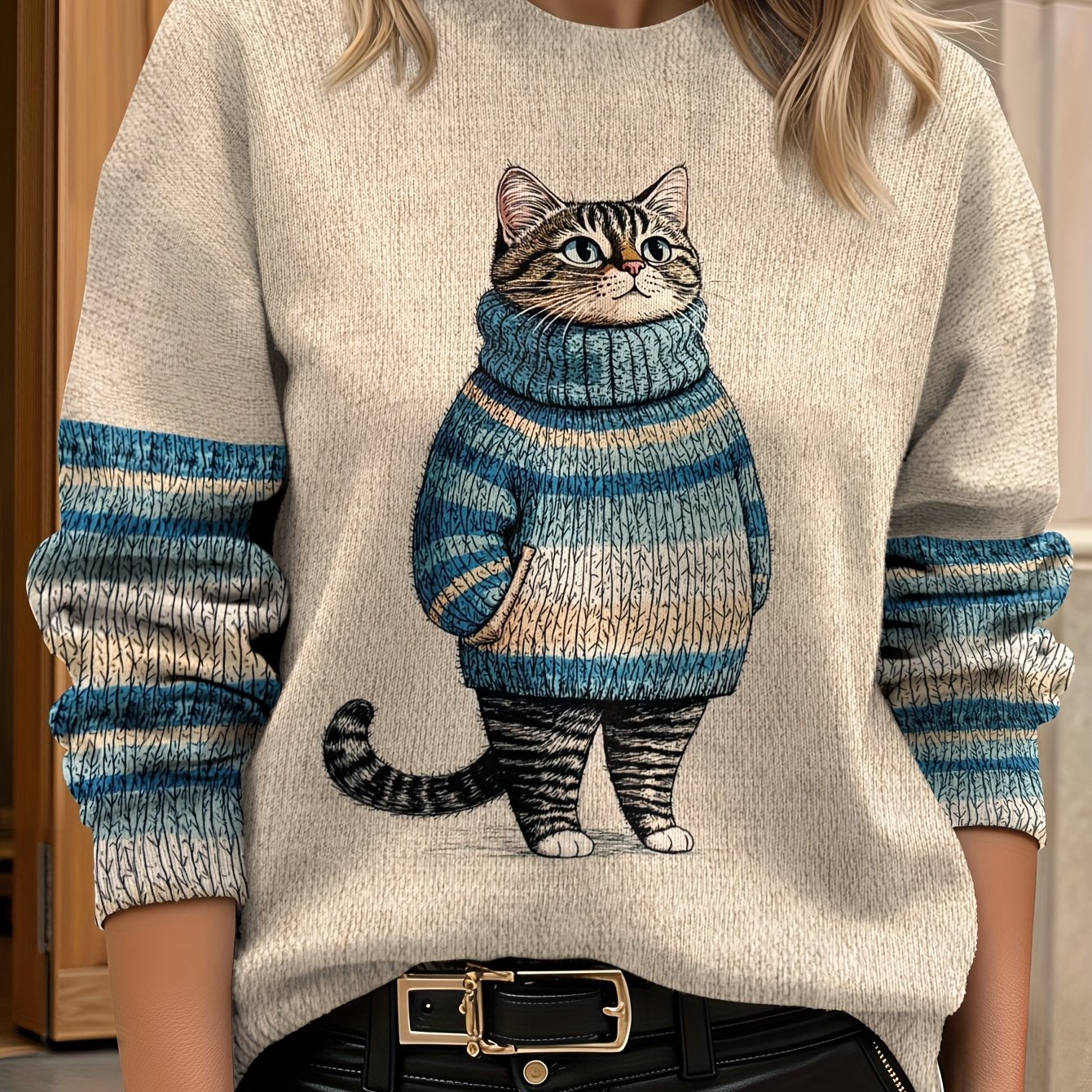 TEMU Damski Sweter z Długim Rękawem i Uniwersalnym Dekoltem Okrągłym, Lekki, z Wszechobecnym Nadrukiem, Modne Ubranie, Wzór z Kotem w Ultra HD,