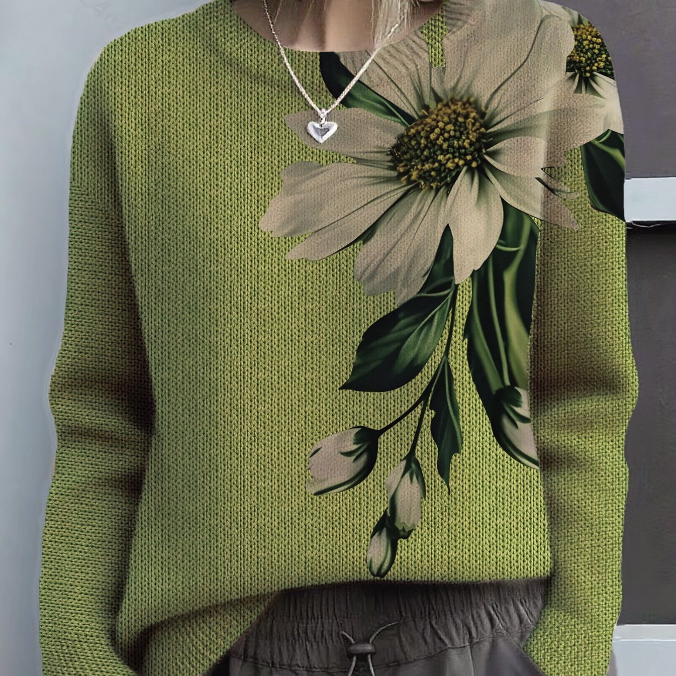 TEMU Damski sweter w kwiatowy wzór - elegancki sweter z okrągłym dekoltem, wygodny element warstwowego stroju na jesień i zimę, oddający gracji i