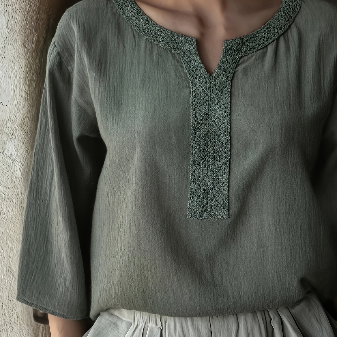 TEMU Elegancka Damska Koszula w Stylu Francuskim Vintage z Luźnym Lnianym Fakturowaniem, Koronkowym Dekoltem w Serek i Rękawami Trzy Czwarte,