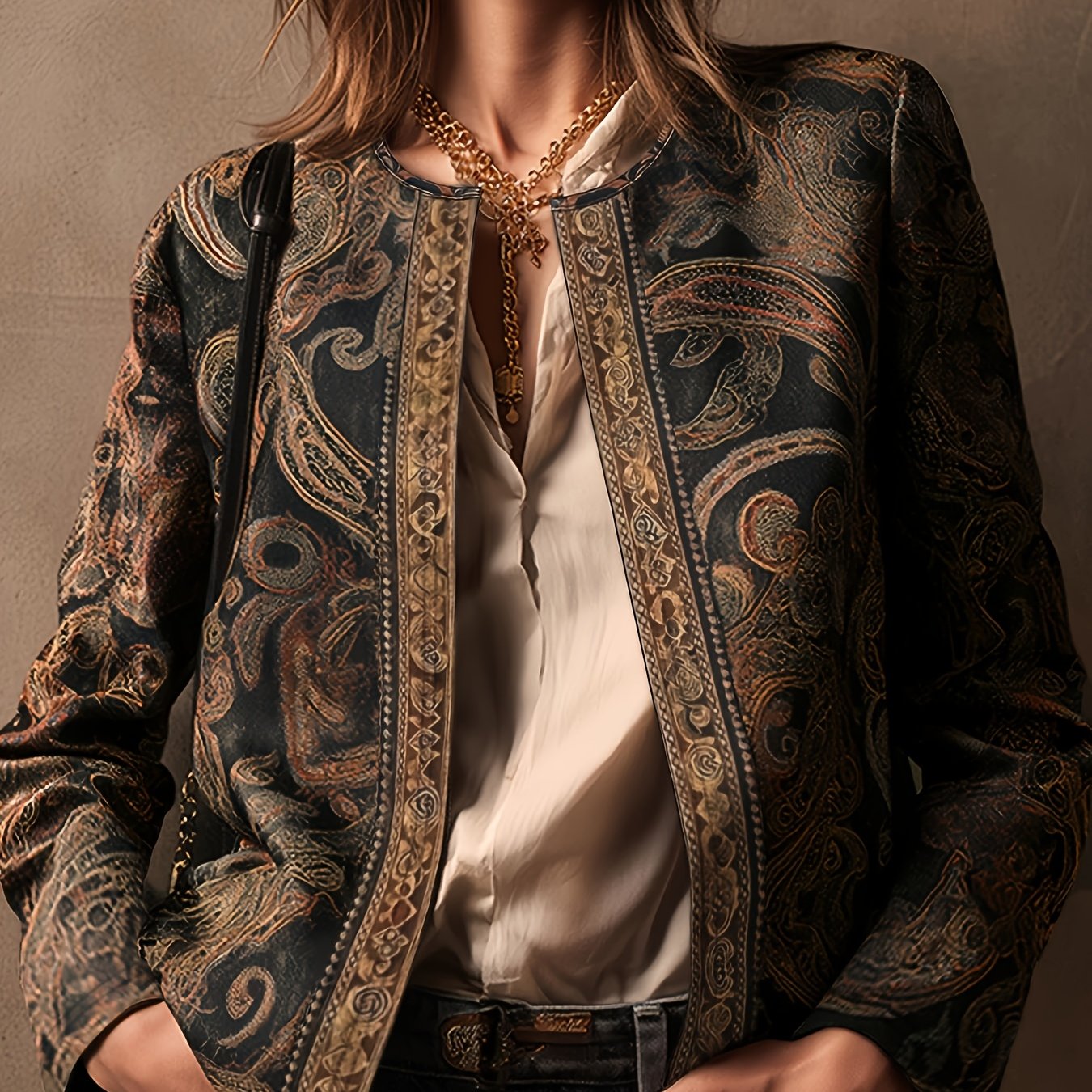 TEMU Kurtka damska w stylu vintage z tribalnym nadrukiem Sezon wiosna/jesień, okrągły dekolt, modna i uniwersalna odzież wierzchnia