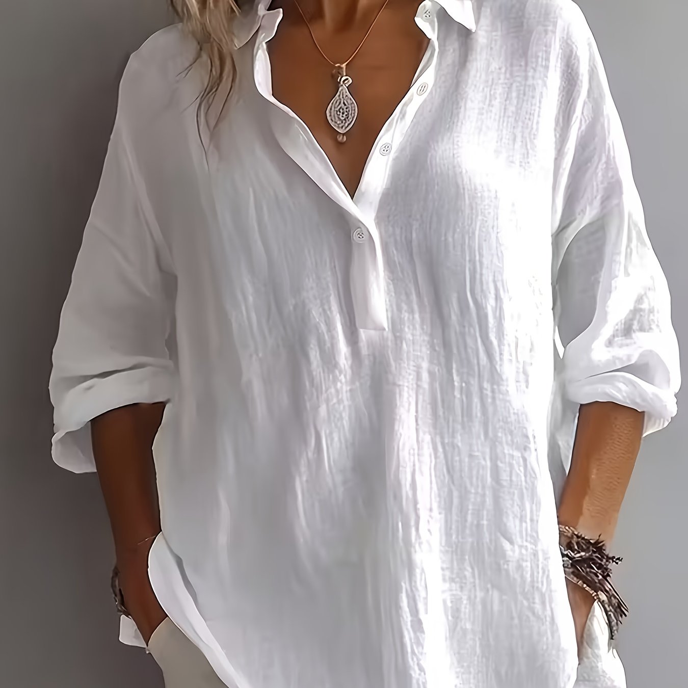 TEMU Elegancka i wygodna, luźna koszula damska w jednolitym kolorze z długim rękawem na wiosnę i jesień. Swobodny styl z kołnierzykiem i przelotką na