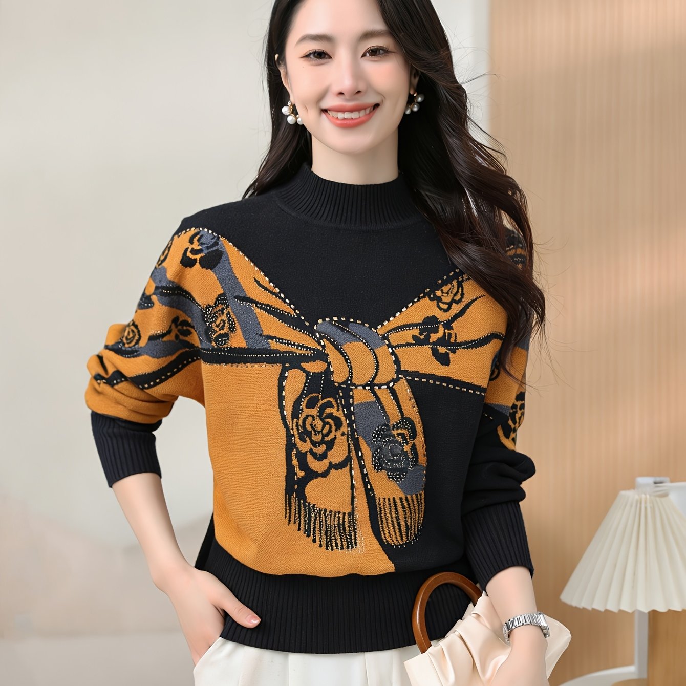 TEMU Elegancki sweter damski typu pulower z kwiatowym wzorem z cyrkoniami, prążkowanym wyższym dekoltem i długimi rękawami, zaprojektowany w
