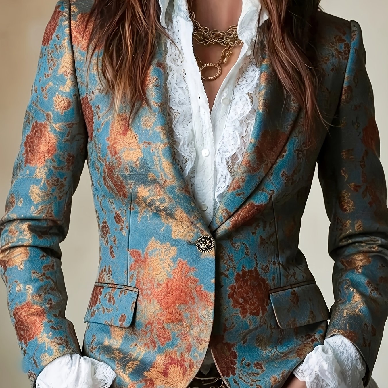 TEMU Elegancki blazer w stylu vintage z krótkim rękawem i nadrukiem w dżinsie Regularny krój, długi rękaw, zapinany na jeden