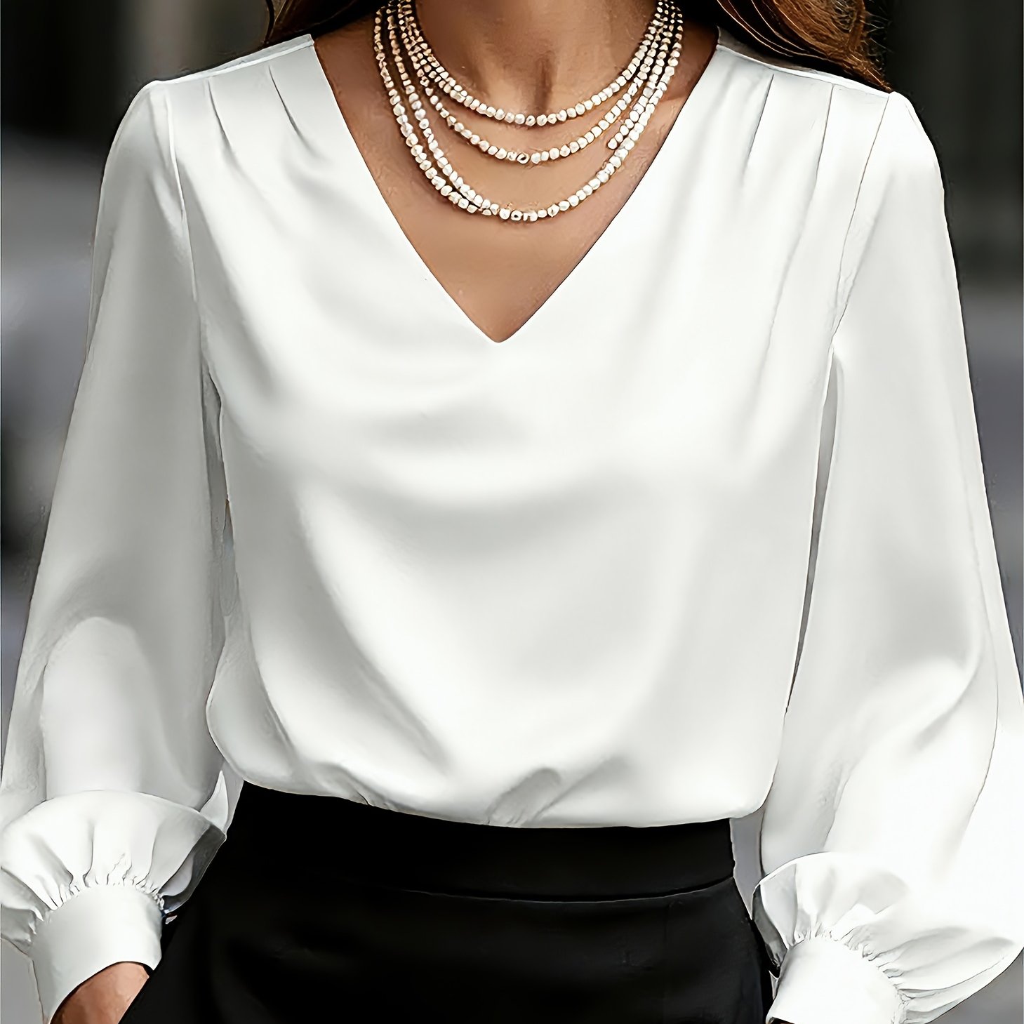 TEMU Damska bluzka z długim rękawem i dekoltem w serek, Elegancka jednokolorowa, Odpowiednia na wiosnę, i jesień