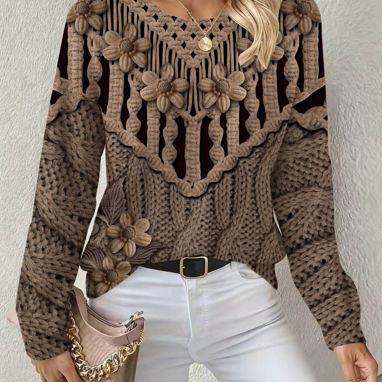 TEMU Jesień/ Damski Sweter z Okrągłym Dekoltem i Wyszukanym Nadrukiem 2D, Luźny Krój do Codziennego Noszenia. Miękki i Przyjazny dla Skóry, Bez