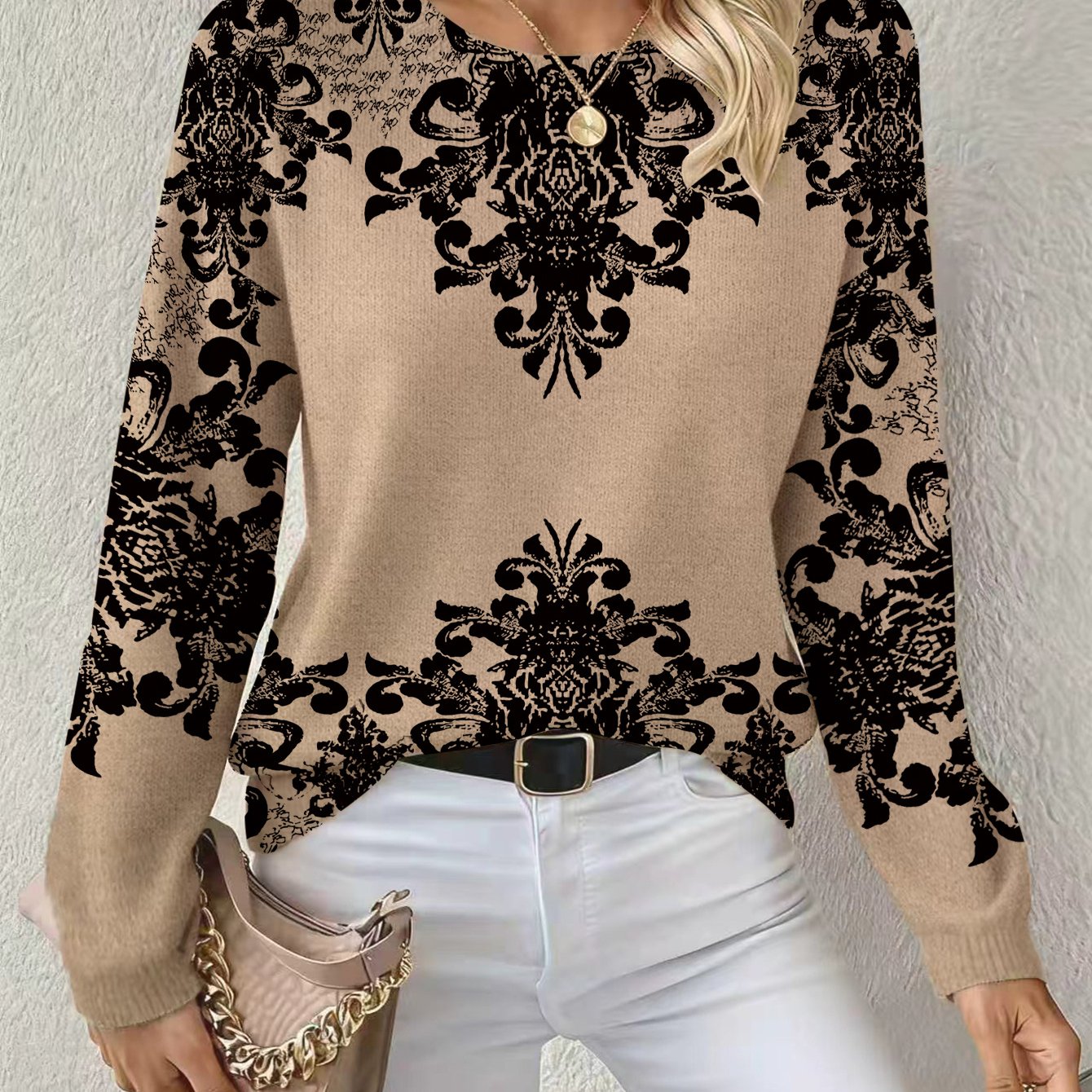 TEMU Nowy damski sweter z okrągłym dekoltem na jesień i zimę z nadrukiem 2D w stylu świątecznym, charakteryzujący się modnym luźnym krojem. Produkt