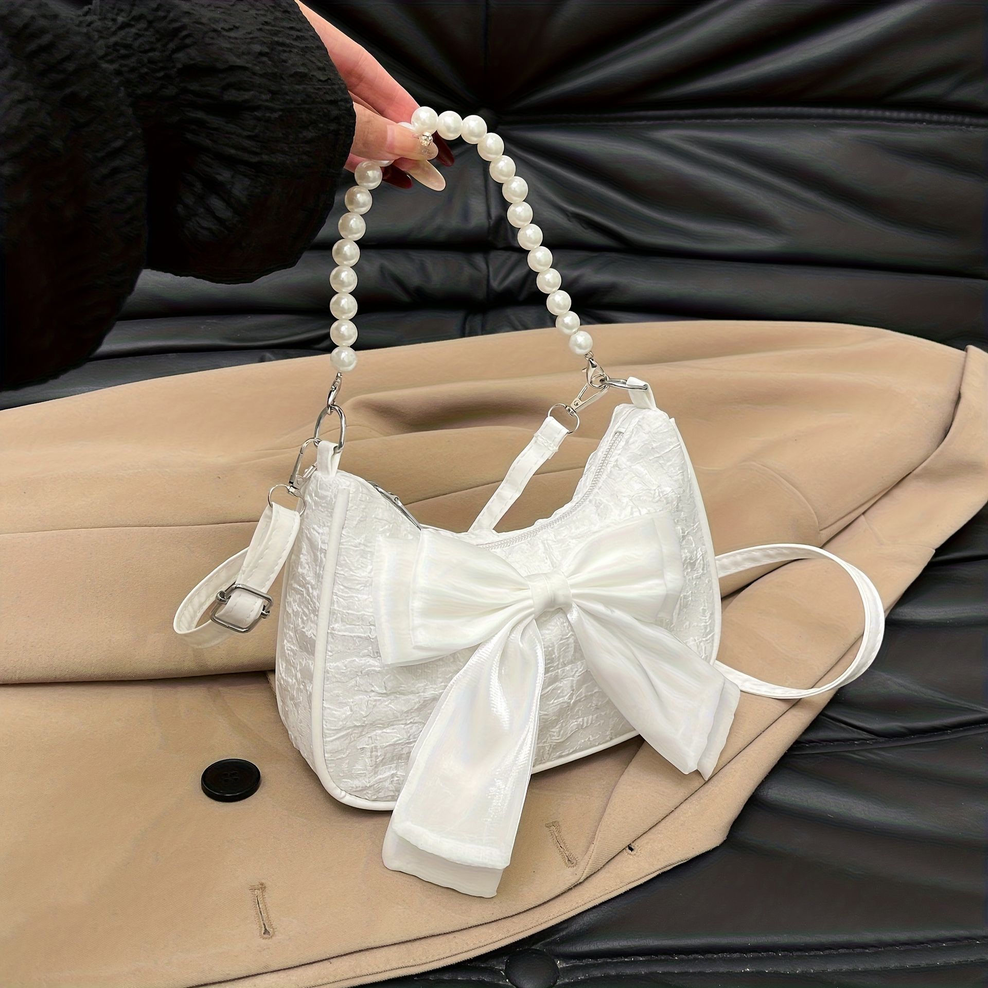 TEMU Elegancka Damska Torba na Ramię, Torebka z Wytłaczaną Kokardą i Akcentami, Modna Minimalistyczna Wieczorowa Kopertówka, Zamek Błyskawiczny,