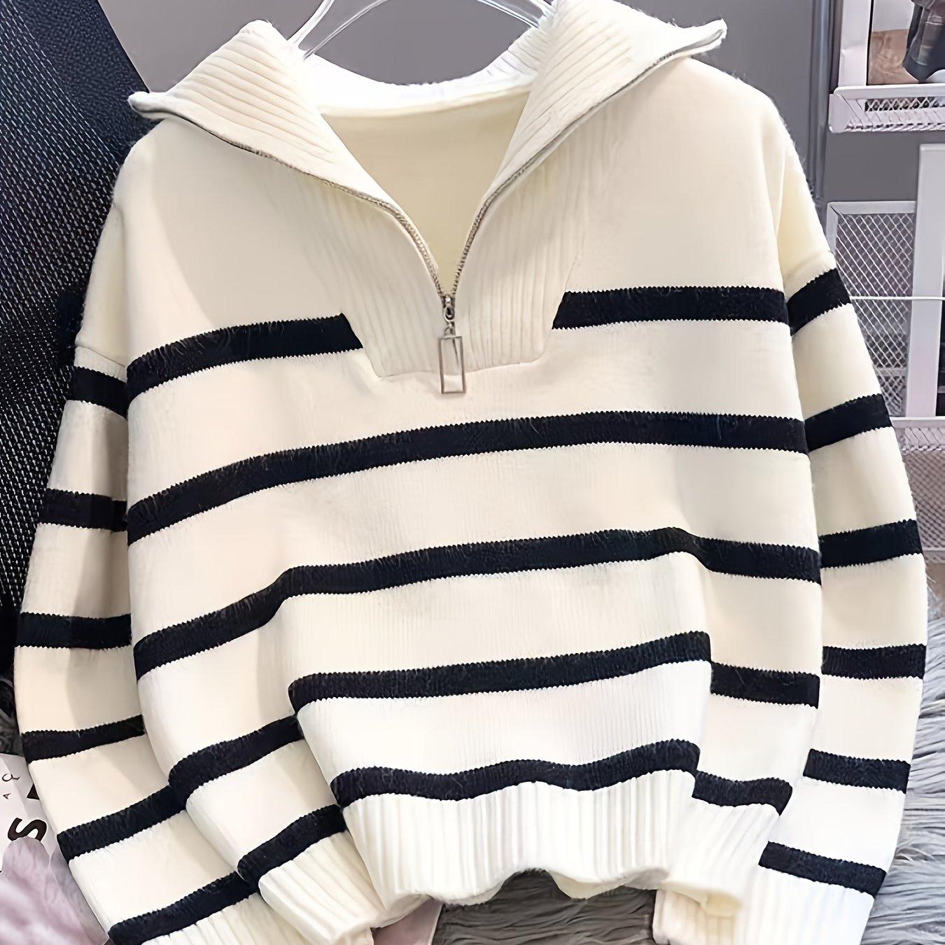 TEMU Stylowy, wysokiej jakości sweter damski w paski z blokami kolorów na zamek 2025, w stylu college z dużym kołnierzykiem i pół-zamkiem,