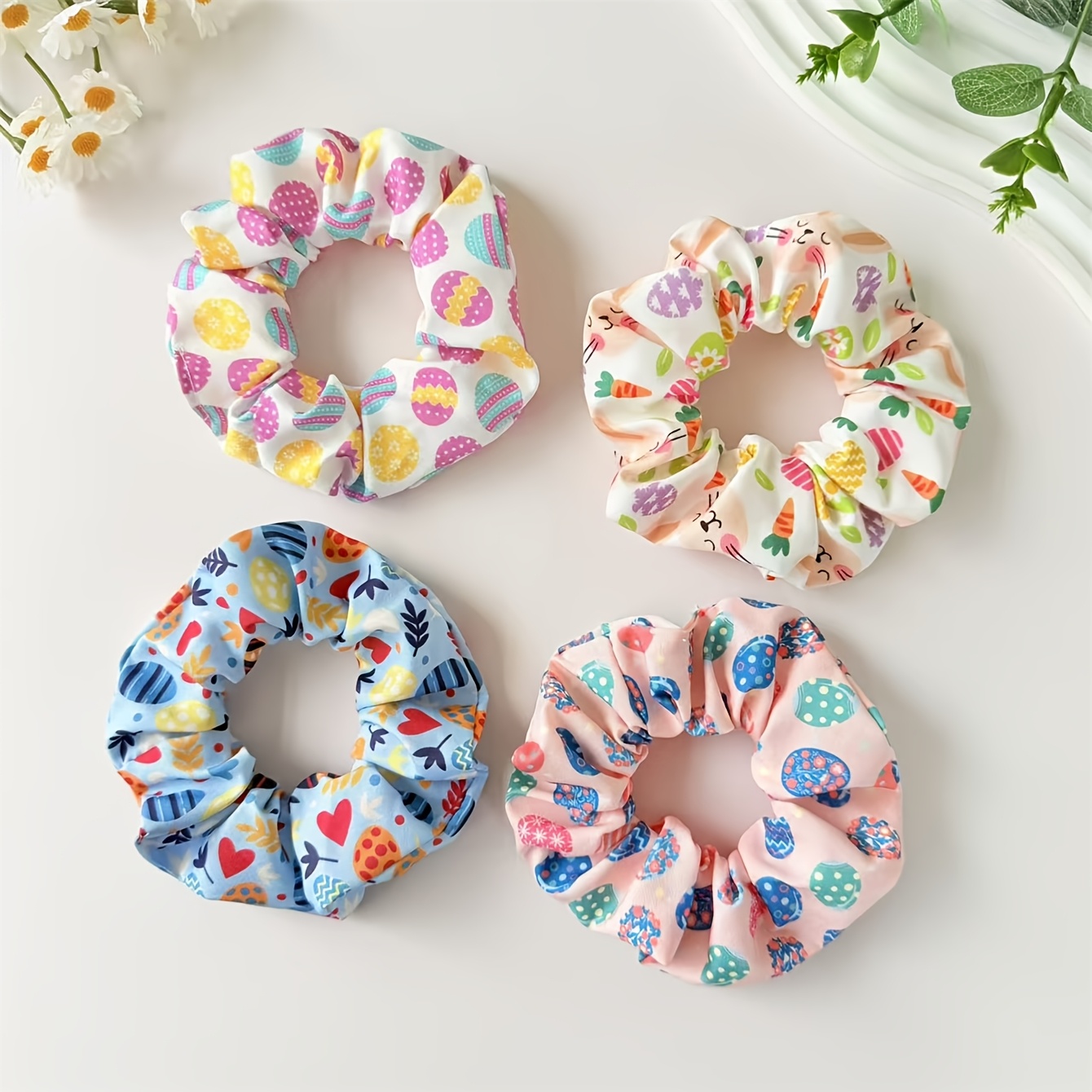 TEMU Zestaw 4 słodkich gumek do włosów w stylu wielkanocnym z kolorowymi wzorami jajek, stylowe do koków, kucyków i upięć, idealne na świąteczne